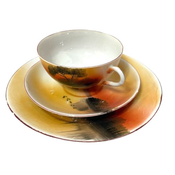 Luster ware Cup Saucer Plate Swan Lake Sunset - Picture 1 of 12